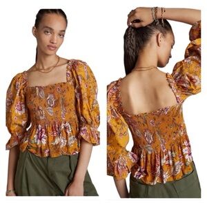 Anthropologie Conditions Apply Smocked Puff Sleeves Cropped Blouse Size Medium